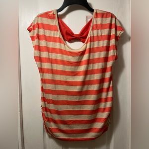 Orange and cream striped batwing sleeve top with side cinching and bow on back